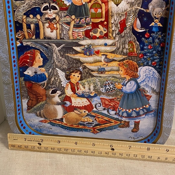 Vintage Cherub Treehouse Christmas Metal Tray Judith Ann Griffith print 90s - Picture 9 of 16